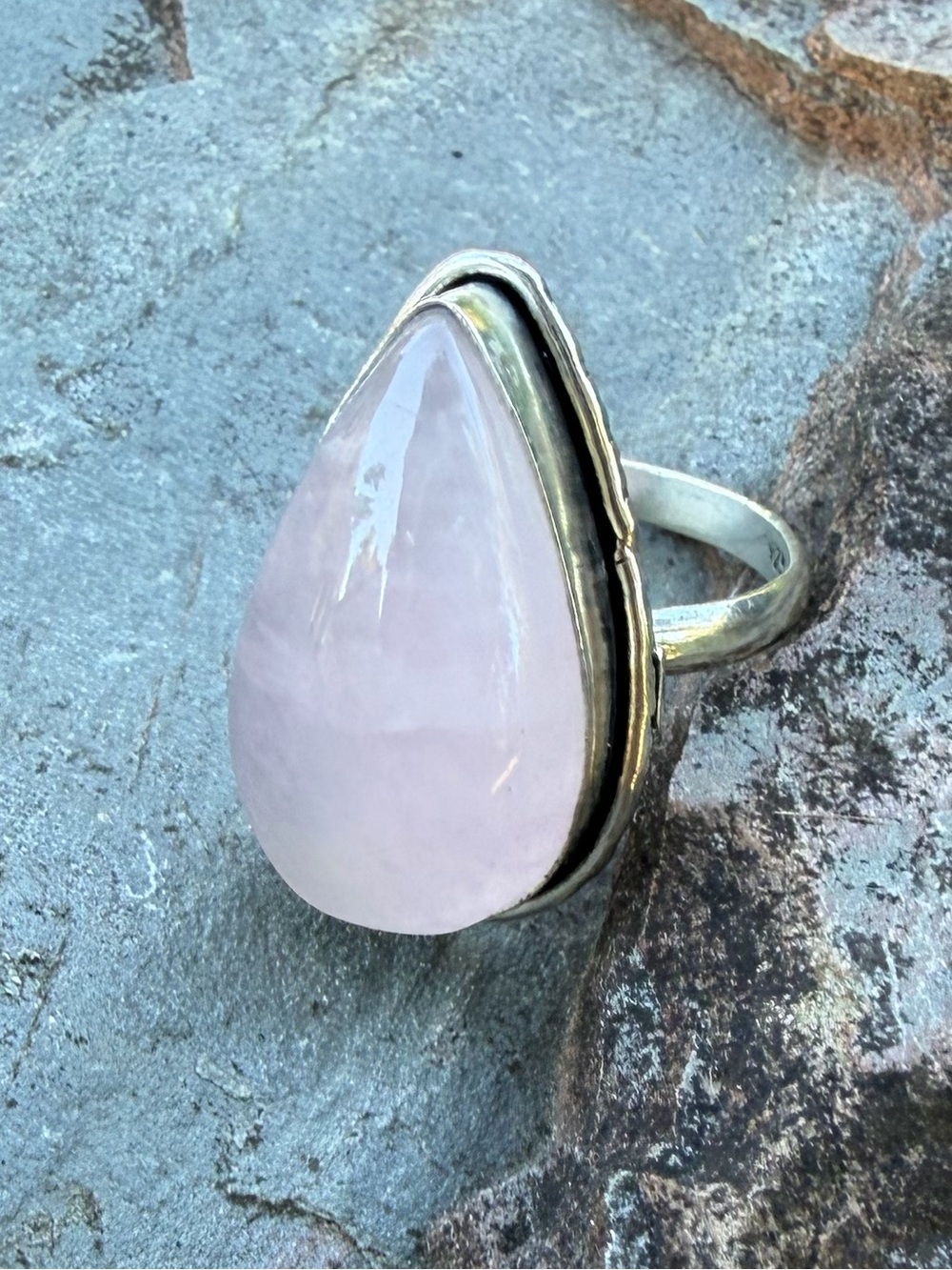 Vintage Rose Quartz Teardrop Silver Ring 9.5